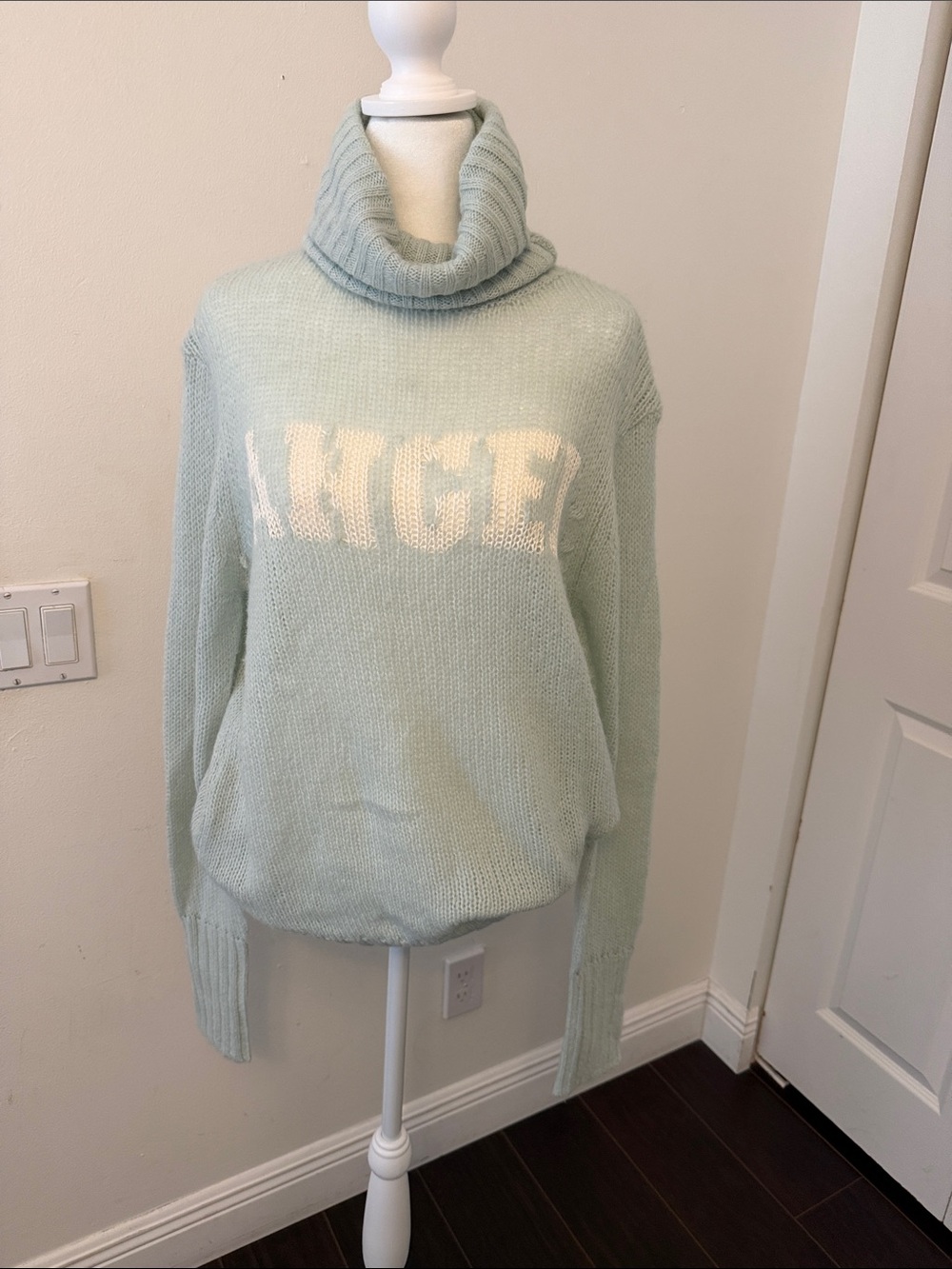 Wildfox Mint Green Cowl Turtleneck Sweater w/ Cream Angel Logo w/ wings on back